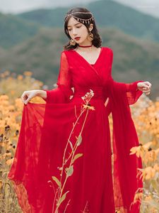 Robes décontractées 2023 Printemps / Automne Vacances Style Maxi Robe Dames Rouge Sexy Charme Col V Fée Rétro Robe De Mujer Envoyer Bandana