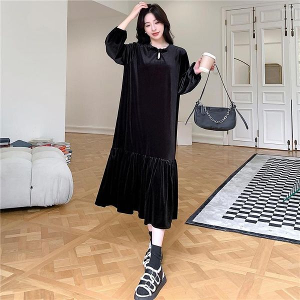 Vestidos casuales 2023 primavera otoño moda coreana negro manga larga mujer vestido Vestidos sueltos de talla grande terciopelo Maxi para mujer
