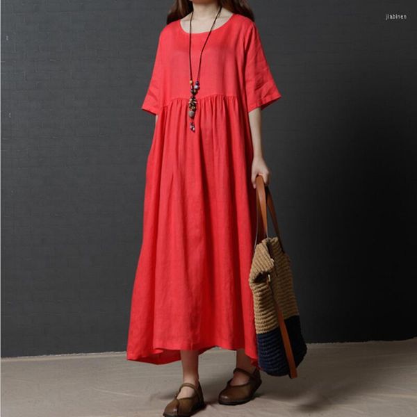 Vestidos casuales 2023 primavera otoño mujer algodón Lino Vintage vestido suelto cuello redondo largo Maxi Pure Vestidos-XXL rojo