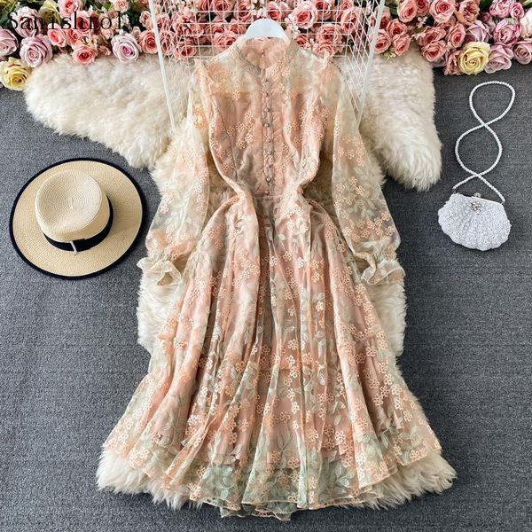 Vestidos casuales 2023 primavera Chic Floral bordado malla vestido mujer botón dobladillo grande manga larga encaje señoras Western Party Vestidos