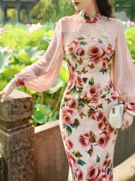 Robes décontractées 2023 printemps style chinois rétro élégant rose rose robe vintage cheongsam midi français évider robes de fête