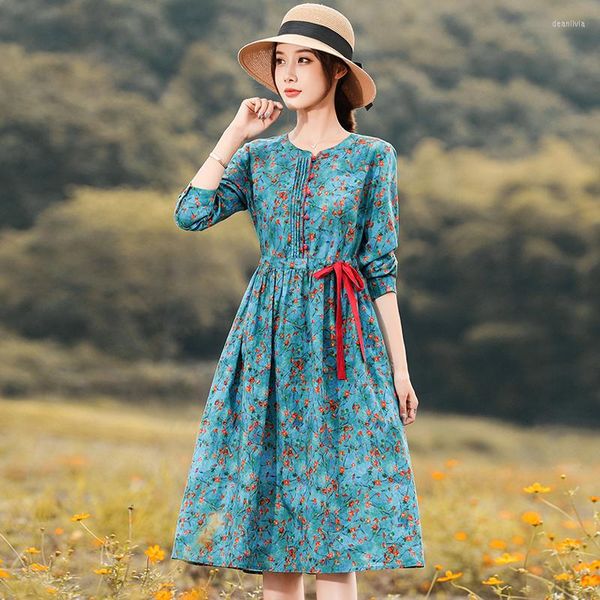 Robes décontractées 2023 printemps Style ethnique robe à manches longues femmes taille chinoise tempérament Floral imprimé coton et ligne