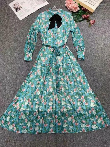 Vestidos casuales 2023 vestido largo de primavera de alta calidad para mujer cuello vuelto dulce pequeño estampado Floral arco Deco manga suelta