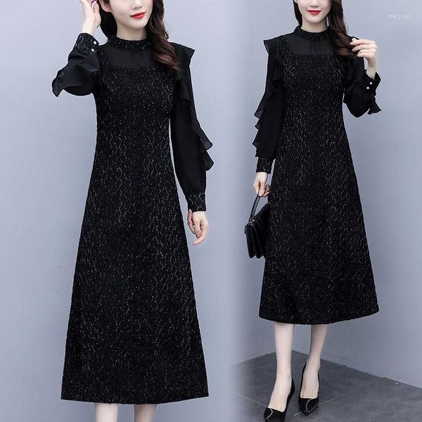 Vestidos casuales 2023 primavera Oficina señora negro elegante Midi otoño Vintage manga larga vestido de noche mujeres ceñido al cuerpo Vestidos de fiesta