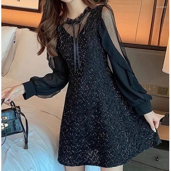 Robes décontractées 2023 Printemps Court Sequin Occasion Formelle Petite Robe Noire Plus La Taille Mini Élégant Manches Complètes Club Soirée Mignon