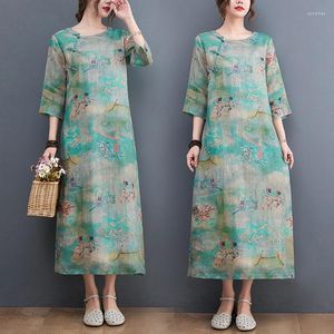 Casual jurken 2023 lente/zomerkleding retro Chinese stijl schijf gesp buckle o- nek cheongsam jurk literair katoen en linnen dames H383