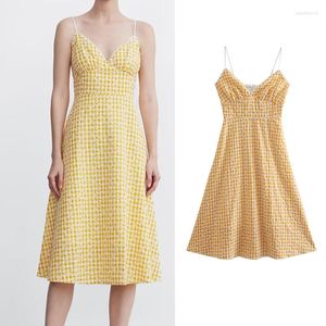 Casual jurken 2023 Spring Summer Dress Checker Print Slim V-Neck Fashion Medium Lengte Women