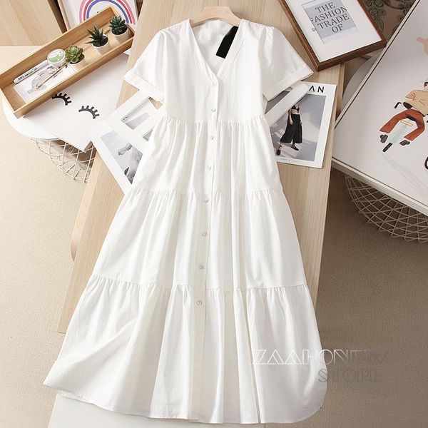 Vestidos casuales 2023 Primavera Verano moda femenina popelina manga corta cuello en V vestido largo blanco mujeres Color sólido vestidos simples casuales