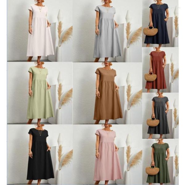 Robes décontractées 2023 printemps été couleur unie sans manches poche ample coton lin robe usine magasin sortie vêtements pour femmes