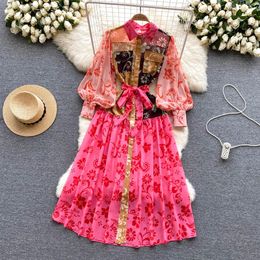 Vestidos casuales 2023 Primavera Verano Vintage Estampado floral Soporte Alto Mock Cuello Cinturón Manga larga Mujer Damas Casual Fiesta Maxi Camisa 308e