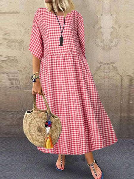 Robes décontractées 2023 printemps été femmes robe Vintage Plaid peinture trois quarts Vestidos longue plage Style fête robe d'été