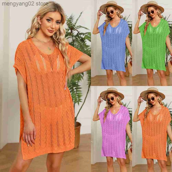 Vestidos casuales 2023 primavera/verano nuevo cuello en V para mujer falda de playa recortada sólida suelta de gran tamaño cubrir T230524