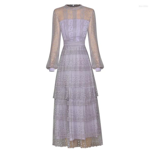 Vestidos casuales 2023 Primavera Verano Mujeres Sexy Sheer See Through Bordado Violet Brand Dress Cuello redondo Manga de linterna Midi Longitud