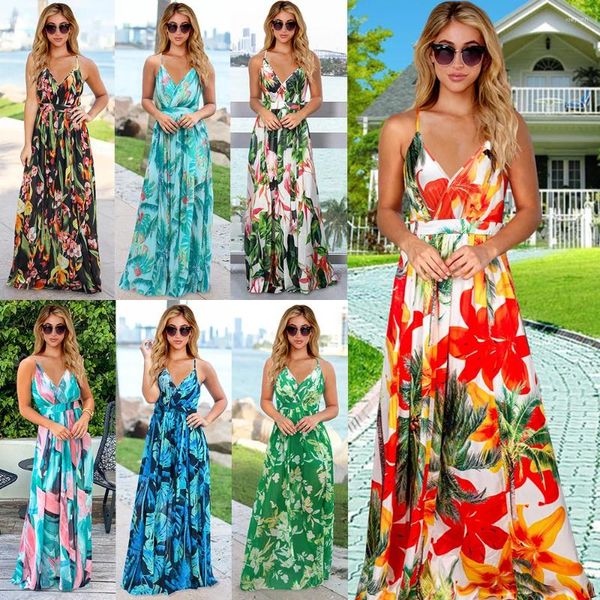 Vestidos casuales 2023 Primavera Verano Mujeres Tropical Boho Estampado floral Fiesta de noche Playa Largo Maxi Correas Sexy Sin respaldo Sundre