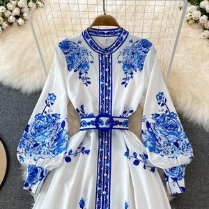 Casual jurken 2023 Spring dames retro Chinese stijl blauwe en witte porseleinen print enkele borsten met riem maxi lange dres304f