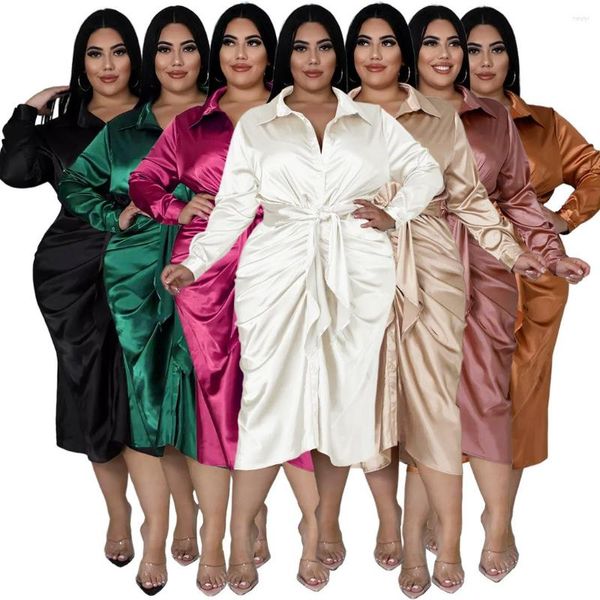 Robes décontractées 2023 Printemps Femmes Satin Plis Chemise Robe Tour Robe Cou Ceinture Manches Longues Solide Mode Bureau Dame Robes Grande Taille