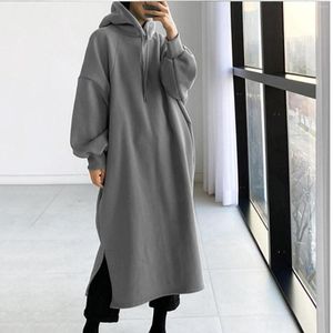 Casual jurken 2023 stijlvolle hooded hoodies jurk lange mouw maxi vestidos vrouwelijke trekkoord gewaad femme winter warme pullovers