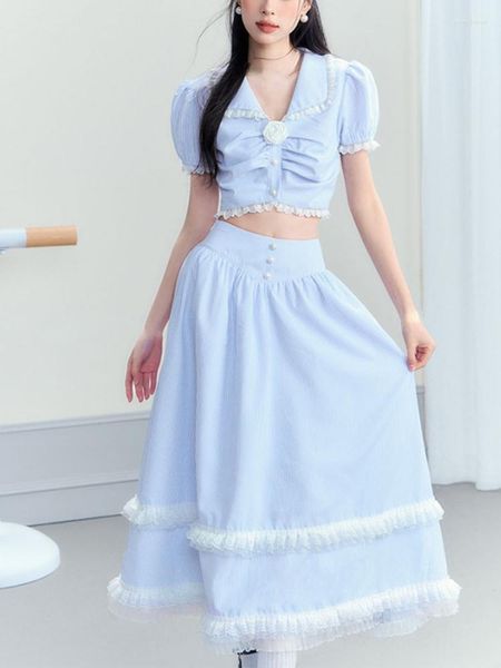 Robes décontractées 2023 été 2 pièces robe ensemble femmes Sexy Slim Y2k Crop hauts jupes mi-longues Kawaii Lolita fête mode coréenne vêtements Chic