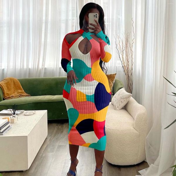 Robes décontractées 2023 été femmes africaines mélanger couleur longue Sexy robe Vestidos Slim Fit licou printemps automne pull crayon dames