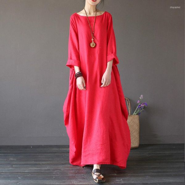 Robes décontractées 2023 été automne grande taille chemise hauts femmes lâche Vintage Blouse Boho coton lin Maxi Robe mode femme 4xl 5xl Q293