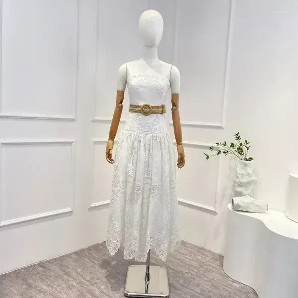 Vestidos casuais 2023 verão outono branco linho peito envolvente cinto de renda sem mangas midi vestido de tubo para mulheres moda