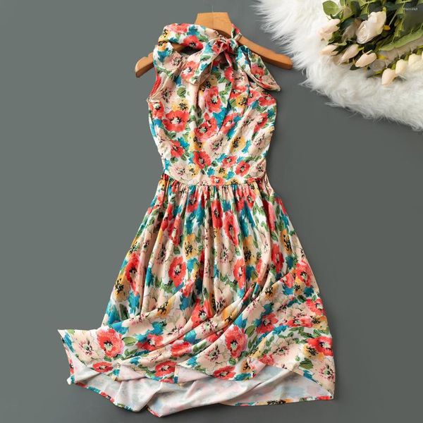 Robes décontractées 2023 été classique filles imprimer fleur robe femmes âge réduire diagonale épaule unique manchette conception sans bretelles à lacets