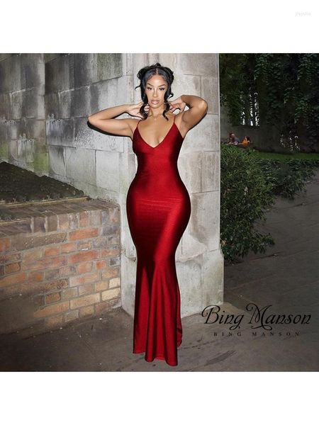 Vestidos casuales 2023 Summer Dinner Party Club Red Spaghetti Strap Maxi Fishtail Dress Mujeres Sexy Mangas Open Back Plisado Slim Fit