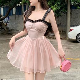 Casual jurken 2023 Zomerjurk Franse stijl Prinsesbanden Hoge taille dunne roze zoete korte sprookjes Vrouwelijke Sundress Idos