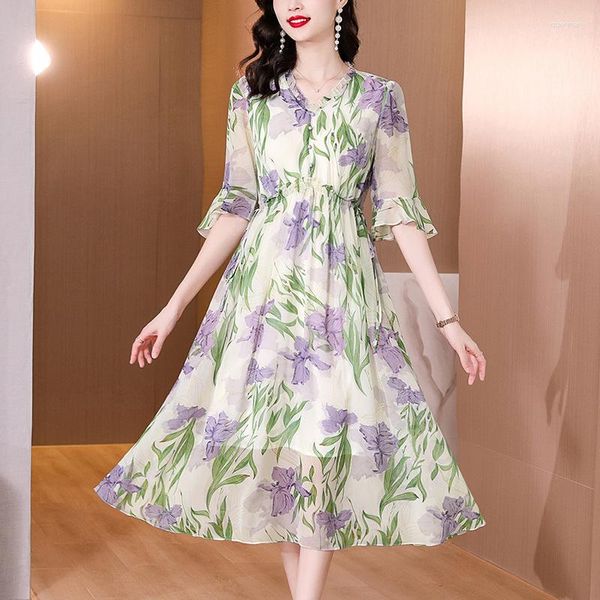 Vestidos casuales 2023 verano moda estampado vestido de seda mujeres elegante mariposa mangas cuello en V fiesta coreana