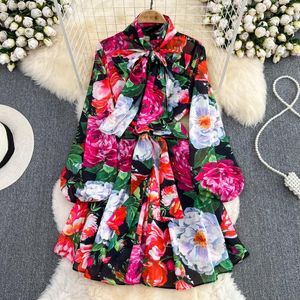 Robes décontractées 2023 été mode Rose robe en mousseline de soie florale femmes nœud col à manches longues fleur imprimer à lacets piste fête Vestidos