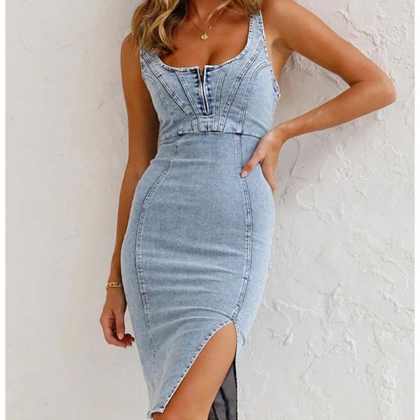 Vestidos casuales 2023 Moda de verano Sexy Side Split Sin mangas Flaco Vintage Zip Up Vendaje Elegante Correa Denim Frock Mujeres Jeans Vestido