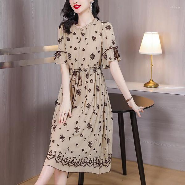 Robes décontractées 2023 été mode soie broderie robe femmes Chic à volants col rond élégant coréen Vintage taille ample luxe nuit