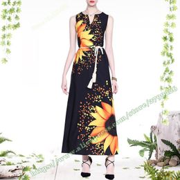 Casual jurken 2023 Summer Fashion Vintage Floral Sunflower Big Flower Printing Black Chiffon Long Maxi Dress Women