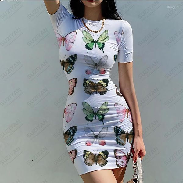 Vestidos casuales 2023 verano moda mujer vestido 3D estampado mariposa estilo Sexy hawaiano apretado cuello redondo manga corta