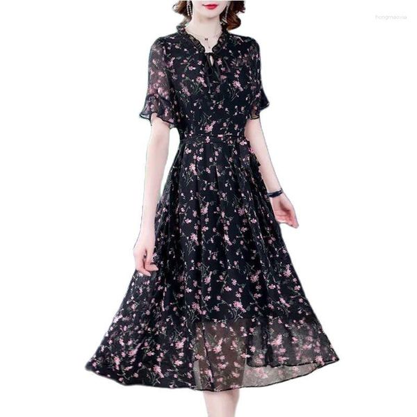 Robes décontractées 2023 été robe florale femme graisse MM longue noir femmes à manches longues impression en mousseline de soie à manches courtes Elegan