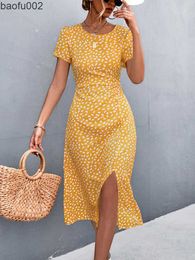 Casual Jurken 2023 Zomer Bloemenprint Jurk Vrouwen Backless Lange Feestjurk Dames Geel Groen O-hals Split Jurk Voor Vrouwen w0315