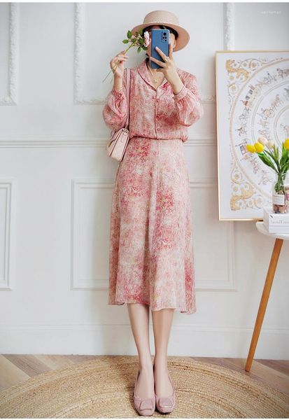 Robes décontractées 2023 été haut de gamme col châle robe Double couche soie à manches longues rose imprimé taille une ligne