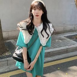 Robes décontractées 2023 Été Corée Style Femmes Robe Volée Bord Lâche Manches Courtes Oversize Couleurs Contrastantes Pour