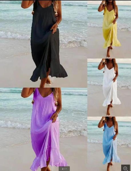 Robes décontractées 2023 Été Longue Jupe Femme Tendance Tendance Col V Sexy Sling Beach Vacances Bohême Respirant Robe À Volants