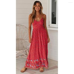 Abiti casual 2023 Summer Maxi Boho Dress Women Elegant Floral Ladies Flower scollo a V cinturino senza maniche Holiday Bohemian For