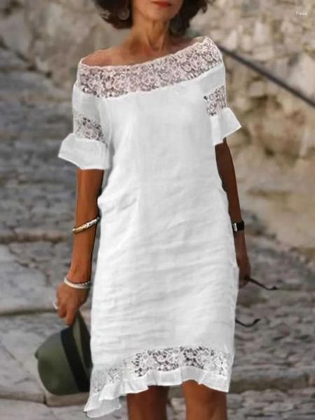 Vestidos casuales 2023 verano Retro suelto Midi vestido blanco para mujeres encaje Patchwork fuera del hombro Ruffle manga algodón Vestidos
