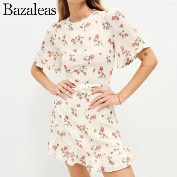 Vestidos casuales 2023 verano volantes mujeres elegante fiesta Mini bata azul flor hojas estampado Flare manga vestido