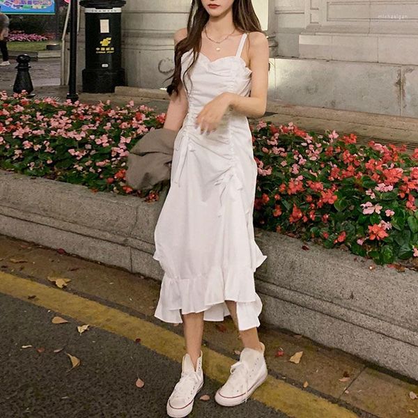 Vestidos casuales 2023 verano vestido de correa blanca mujeres sin mangas sólido elegante midi femenino encaje-up fiesta y2k una pieza coreana