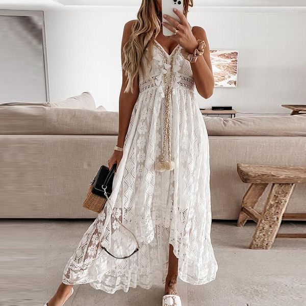 Robes décontractées 2023 été femmes robe plage Style élégant blanc dentelle Spaghetti Srap robe d'été femme mode évider Boho Long Maxi