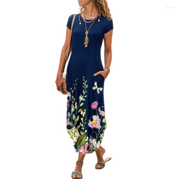 Vestidos informales de verano 2023 para mujer, Vestido bohemio con estampado de flores, Vestido veraniego ajustado a la moda, camiseta de manga corta con cuello redondo, Vestido de calle para mujer