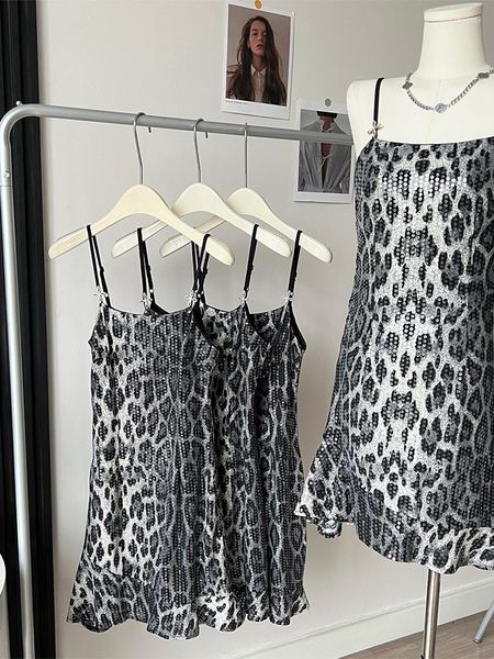 Vestidos casuales 2023 verano mujer estampado de leopardo diseño fiesta vestido de graduación ajustado lentejuelas cremallera de una pieza mujer Mini tirantes noche Chic