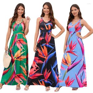 Vestidos casuales 2023 Verano Mujer Look Sexy Ropa de playa Vestido con espalda abierta Sin mangas Estampado tropical Cuello en V Maxi