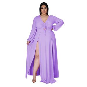 Casual jurken 2023 Zomer dames plus size elegante v-hals lange mouwen sexy massieve kleur spleet met een hele lengte jurk met volledige lengte groothandel