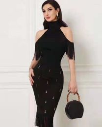 Casual jurken 2023 Zomer vrouwen sexy halter Tassel Backless Black Mini Bodycon Bandage Dress Elegant Evening Club Party