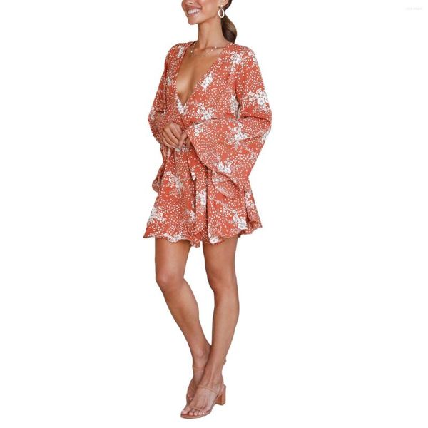 Vestidos casuales de verano 2023 para mujer, vestido Sexy con lazo para adultos, estampado de flores, manga acampanada, cuello en V, rojo/verde/albaricoque